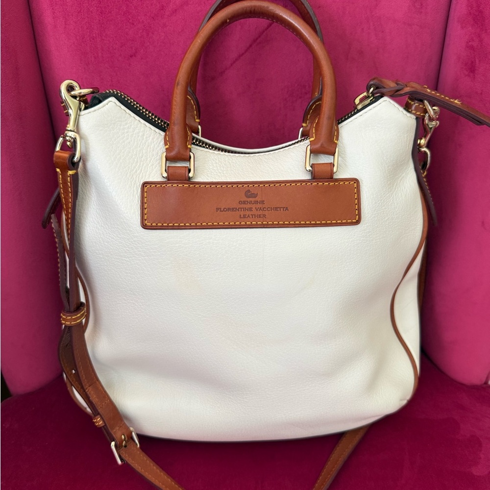 Dooney & Bourke White Leather Satchel with Brown Trim and Strap - Picture 2 of 10